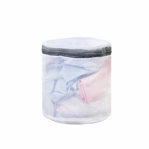 White cylindrical mesh laundry bag with grey zipper for delicate clothes washing