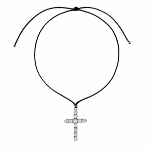 Cross pendant necklace with 18k gold zircon stones and black adjustable cord