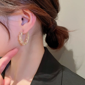 Close-up of elegant gold hoop earring with rectangular zircons worn by a model