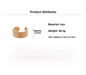 Detailed size and material specs for gold-colored iron cuff bracelet with floral patterns