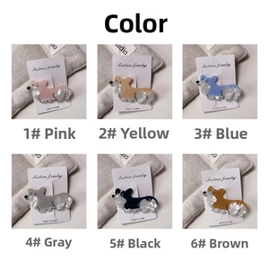 Detail view of cute Corgi hair clips in six assorted colors on a display card