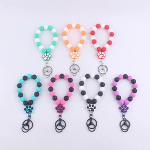 Dog Paw Silicone Beaded Wristlet Keychain Cute Heart Pattern Bracelet Bangle Metal Clasp Car Key Ring Bag Pendant Gift