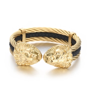 Men's double lion head gold-plated open bangle with black woven cable and steel trim