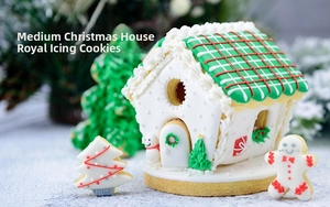 Detail of 3D royal icing gingerbread house cookies with Christmas tree and gingerbread man