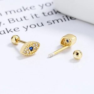 925 silver evil eye screw back earring with blue crystal and white cubic zirconia