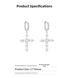 Detail view of S925 sterling silver cross earring with 5A zircon, 21x42mm size