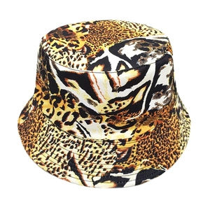 Close-up of leopard print bucket hat showing detailed stitching and canvas texture