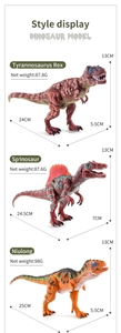 Detailed view of T-Rex, Spinosaurus and Carnotaurus models with dimensions and weight