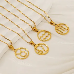 Zodiac Constellation Pendant Necklace Stainless Steel Hollow Circular Design Fashion Minimalist Jewelry Accessory For Women