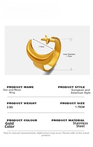 Detailed view of gold moon star stainless steel ring with weight and size specifications