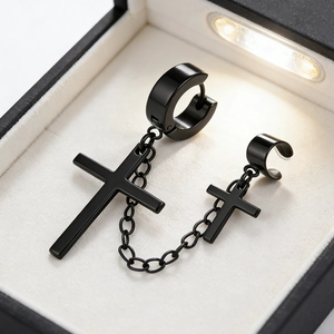 Black stainless steel cross chain earrings displayed in a premium jewelry gift box