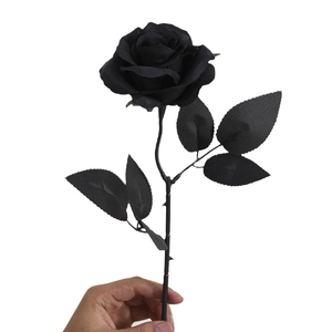 Gothic single black artificial rose with realistic petals and stem for Halloween decor