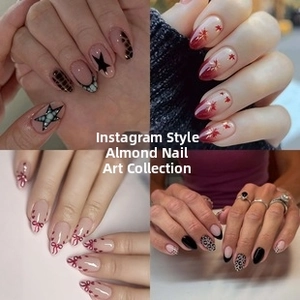 Detailed collection of assorted almond shaped press-on nails with various trendy patterns