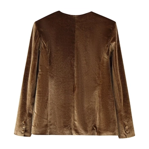 Brown velvet blazer with structural shoulders and back view on white background