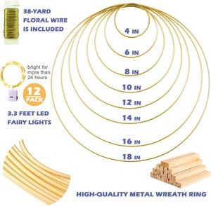 DIY gold metal floral hoop set with LED string lights and wooden stands in various sizes