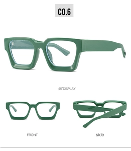 Three angles of thick green square frames showing structure and transparent blue light lenses