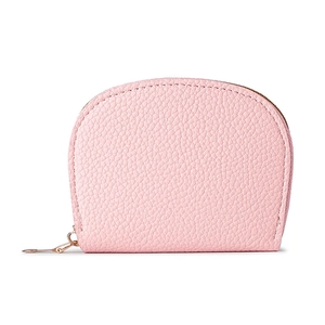 Pink lychee texture semi-circle credit card holder with gold zipper on white background