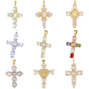 Collection of gold and silver plated cross pendants with colorful zircons and gemstones