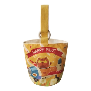 Yellow canvas bucket bag featuring cartoon pilot cat print and wooden ring handle