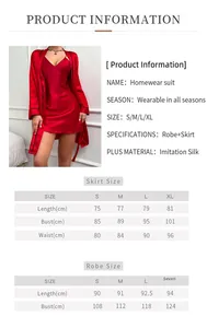 Detailed size chart for ice silk pajama robe set including skirt and robe measurements