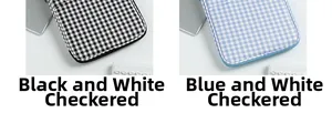 Detail showing classic checkerboard tablet sleeves in black-white and blue-white patterns