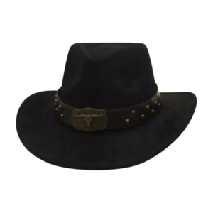 Chapeau de cowboy en feutre de laine noir avec bande en cuir et boucle de taureau dorée