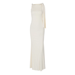 Sleeveless off-shoulder ivory maxi dress featuring a long decorative neck scarf accent