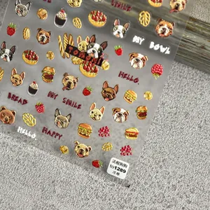 Detail of 3D embossed nail stickers featuring bulldogs and bakery food elements