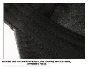 Detailed close-up of wide thickened sweatband and fine stitching inside the black cotton cap