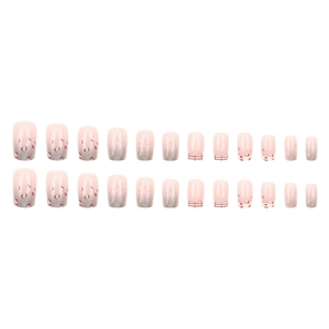 Pink gradient press-on nails with leopard bow and heart patterns in 24-piece set