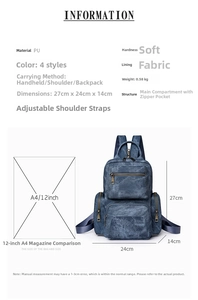Size comparison of blue PU backpack with A4 magazine showing detailed dimensions