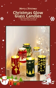 Close-up of glowing glass candle holders with reindeer and snowflake metallic etching