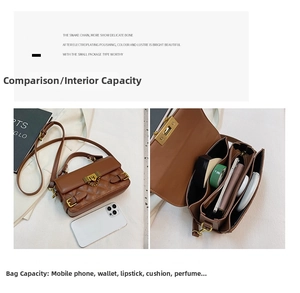 Detail view of the brown quilted handbag showing internal compartments and storage capacity