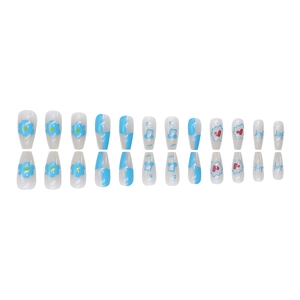 Blaue Blumen und Noten Aufdruck-Nägel Set mit Joy-Text in Trapezform für Damen