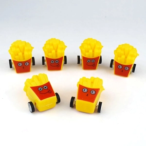Close-up of 6 cute cartoon french fries pull-back toy cars with funny facial expressions