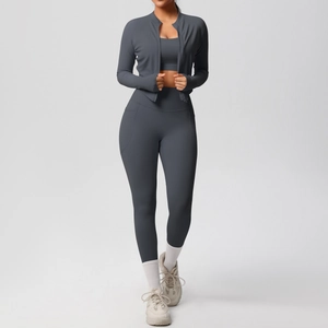 Three-piece gray athletic set featuring high-waist pocket leggings and a zip-up jacket