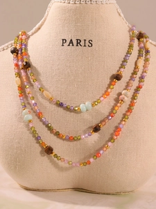 Detail of multi-layer beaded necklace featuring faceted zircon and tiger eye stones