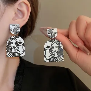 Abstract Face Line Art Dangle Earrings With Silver Earring Post Black White Geometric Acrylic Drop Jewelry For Women