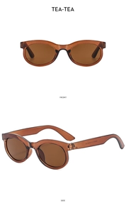 Detail view of oval retro sunglasses in tea color with front and side profile perspectives