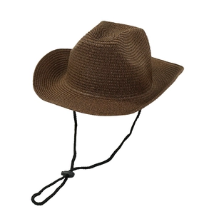 Classic dark brown paper straw cowboy hat with adjustable wind strap for beach
