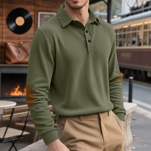 Men's olive green corduroy polo sweatshirt with brown elbow patches in vintage setting