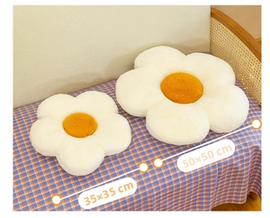 Detailed comparison of 35cm and 50cm white daisy plush cushions with soft faux rabbit fur