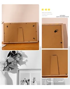 Detail view of wooden photo frame backboard with rotatable clips and metal wall hooks