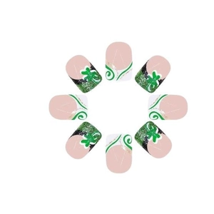 Faux ongles courts carrés verts avec trèfle et paillettes pour manucure de la Saint-Patrick