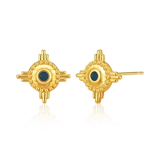 Creative geometric quadrilateral stud earrings with blue stone and 18K gold plating finish