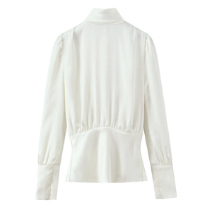 Elegant white satin high neck long sleeve blouse with a backless bow tie design