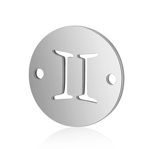 Polished stainless steel circular zodiac charm with hollow Roman numeral and side holes