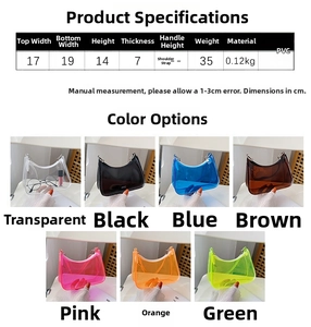 Detailed size chart for candy-colored transparent PVC handbag with dimensions and colors