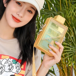 Detail showing creative yellow transparent water bottle with adjustable crossbody strap