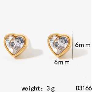 Minimalist gold heart stud earrings with clear zircon stones 6mm x 6mm size